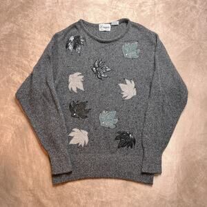 Vintage 80s Donagain Gray Knit Sweater Patchwork Leaves Silk Angora Wool Blend